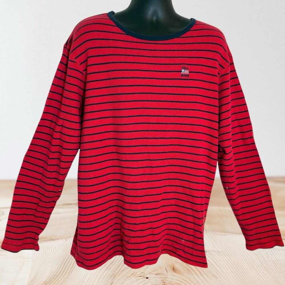Polo Ralph Lauren Thermal Shirt Top XXL Waffle Striped Navy Red Preppy Flag Logo